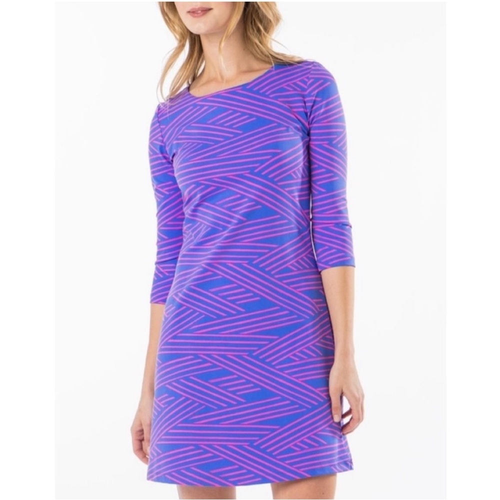 MAHI GOLD Bimini dress, blue & pink geometric pattern, Xs